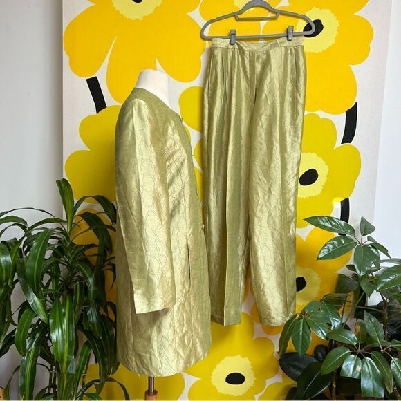 Vintage Mod Handmade One of a Kind Key Lime Sateen 2 Piece Pants Overcoat Set - Picture 8 of 15